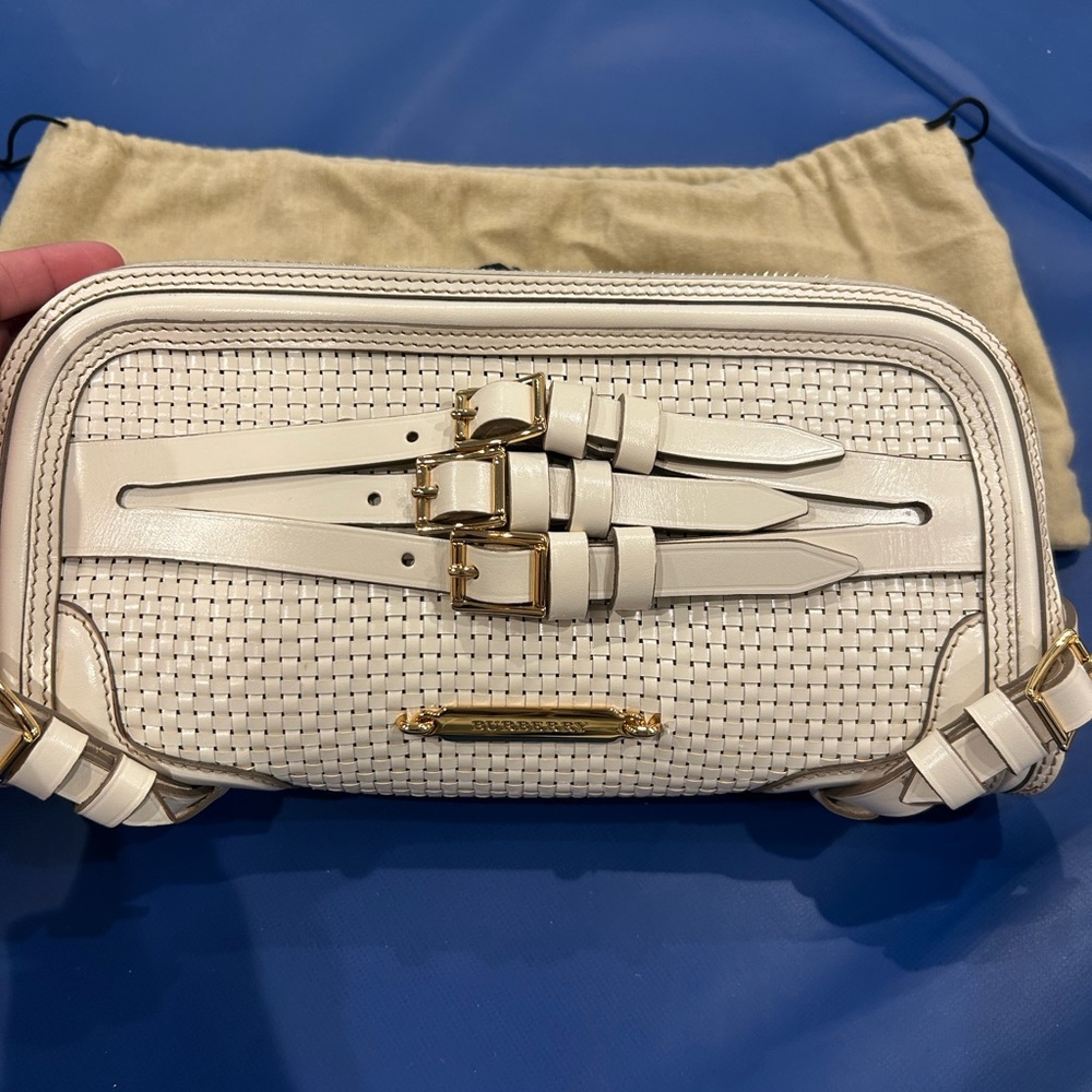 white Burberry Prorsum Leather Bridle Belted Clutch Bag